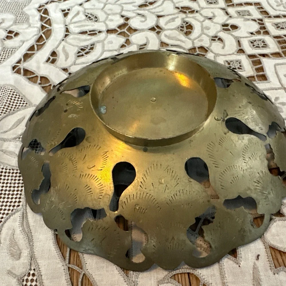 Vintage 1950's Brass Enameled Openwork Bowl Plant Stand From India